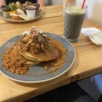 Biscoff Banana Pancakes with veg cream cheese frosting and iced blueberry matcha!  at No 33 in Norwich