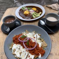 Chilaquiles verde with vegan chorizo, Marley eggs - both fantastic!  at Pan Comido - Roma Norte in Mexico City