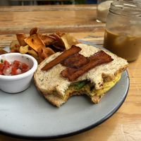 Breakfast sandwich and iced latte  at Pan Comido - Roma Norte in Mexico City