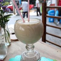 Pan Comido Vegetariano. AMAZING giant vegan banana soy shake :) at Pan Comido - Roma Norte in Mexico City
