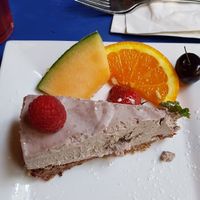 Raw rasberry vegan cake at Cafe Santropol in Montreal