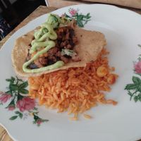 Tostada with rice (part of meal of the day) at La María Bistro Veg in Bogota