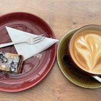 Oat milk Latte and Almond Blueberry Bakewell slice  at Rosebourne in Andover