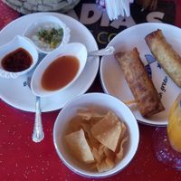 Spring rolls. Asst sauces. Crisps. at Nadia's Chinese Corner in Watamu