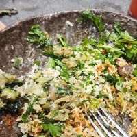 Mediterranean bowl with lemon tofu & vegan street corn! at Honest Greens - Corte Inglés in Madrid