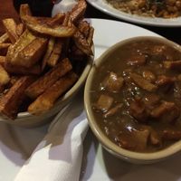 'steak' and gravy with chips  at The Globe in Glossop