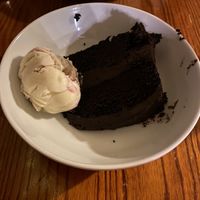 Chocolate cake with raspberry ice cream  at The Globe in Glossop
