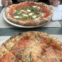 top pizza: veggie special, bottom pizza: regular margarita with vegan violife cheese and mushrooms    at Franco Manca - Brixton in South West London
