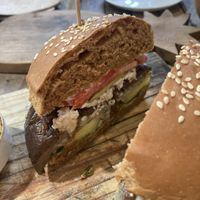 Aubergine burger comes with chips   at The Mill in Palolem