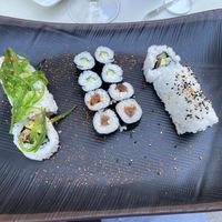BeVegan 16 piece sushi option. The plate makes it look smaller than it was.  at Sushimore in Caceres