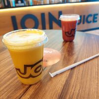 Gardener juice (in the back) and pineapple, kiwi, carrot, ginger and orange juice at JOIN Juice Bars - Katastima in Thessaloniki