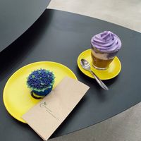 Ube latte and cupcake   at Koun Coffee in Vienna