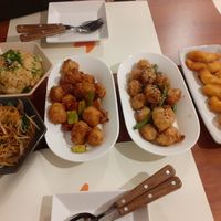 Noodle + rice + 2 kind of vegan "chicken" + vegan "shrimp" at Camouflage in Seoul