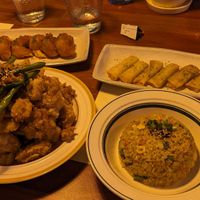 Vegan shrimp, teriyaki chicken, spring rolls and fried rice at Camouflage in Seoul
