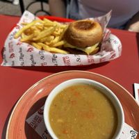 Lentil carrot soup and vegan burgerr  at The Station Coffee Shop in Aberfoyle