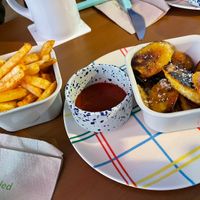 Fries and sliced plantain  at Ushi's Coffee Corner in Glasgow