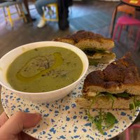 Spinach soup, tofu caprese acacia   at Ushi's Coffee Corner in Glasgow