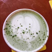 Cherry blossom matcha latte at Ushi's Coffee Corner in Glasgow