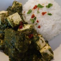 Jasmin rice with tofu and spinach with curry at Ushi's Coffee Corner in Glasgow