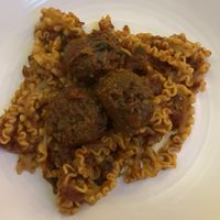 “Symplicity” vegan meatballs, tomato sauce, mafaldine   at Pastaio in London