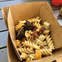 Pasta salad - looks simple but very tasty! (Sauce is underneath)  at L'Amandier  in Selestat