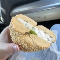 Sesame bagel with vegan chive and green onion cream cheese  at Bubbe's Fine Bagels in Tucson