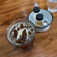 Iced coffee with almond milk + vanilla syrup   at Burrito Amor in Valladolid