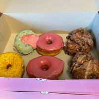 Top left: Birthday Cake (pink swirl melted in transit)
Bottom left: Mango Con Chile
Middle: Cherry Bourbon
Right: Strawberry Peanut Butter Fritter at Dough Joy - East Pike Street in Seattle