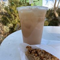 Milk rose tea with oat milk and vegan peach crumble bar at Sagebrush Cafe in Quartz Hill