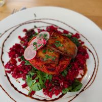 Beet and sweet potato cake with spinach, tofu and salsa at Star Anise Arts Cafe in Stroud