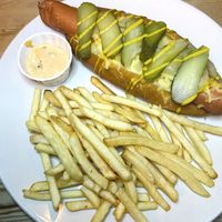 Vegan hotdog and fries  at Brass Monkey Shore in Edinburgh