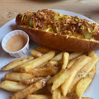 Vegan hotdog and chips  at Brass Monkey Shore in Edinburgh