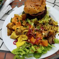 Tasty tasty tasty vegan burger at Woodruffs Organic Cafe in Stroud