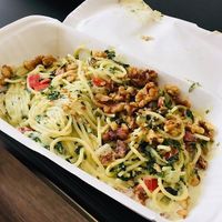 Creamy spinach spaghetti at Woodruffs Organic Cafe in Stroud