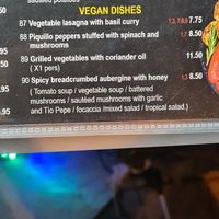 Menu at VULCANO'S in Tenerife