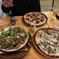 Pepperoni pizza, salad appetizer, feta balsamic pizza  at Earthly Kitchen in San Jose