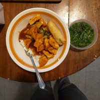 white rice, general tso's tofu (best one i've had yet!), spring roll, and seaweed salad at Red Bowl in Grand Rapids