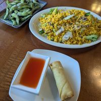 Spring rolls (I ate one prior to the photo), veg fried rice, and edamame at Red Bowl in Grand Rapids