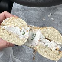 Toasted everything bagel with tofu veggie cream cheese. Bagel was soft with a cornmeal bottom. The seasoning had a lot of onion. The veggie cc was good, not too much vegetable.  at New Paltz Bagel Cafe in New Paltz