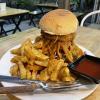 Vegan burger with French fries, $6  at Kebab & Falafel Time in Siem Reap