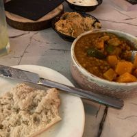 Potaje de lentejas, bread and hummus at Las Chicas in Faringdon