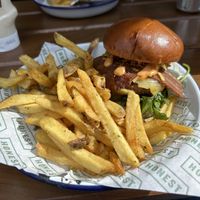 Vegan bacon cheeseburger with chips  at Honest Burgers - Camden in North West London