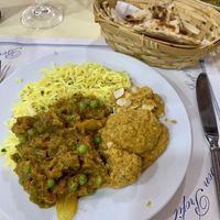 Lemon rice, baingan barta, broccoli masala, tandoori roti    at Haldi in Barcelona