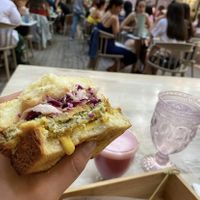 Tasty sandwich w/ pink latte   at Donkey Breakfast in Thessaloniki