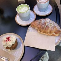 Pistachio filled croissant and Victoria cake.  at Kafi in London