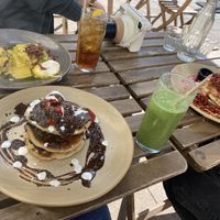 My bday pancakes and green smoothie   at T @ Hove in Hove