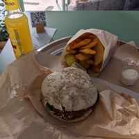 Vegan Tofux-Burger with marinated tofu in crispy crust, Chickpeas fritters. at PLANTE Lab in Catania