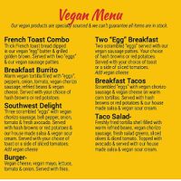 Close-up of the vegan menu. at Biscuits Cafe in Canby