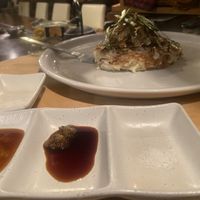 ⭐︎ 季節野菜or長ネギのお好み焼（3種のテイストでで味わってください）①特選有機醤油&わさび②野田村の粗塩③すりおろしポン酢o at TEPPANYAKI RAI in Ninohe