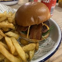 bacon burger without vegan cheddar  at Honest Burgers - Warren St in London